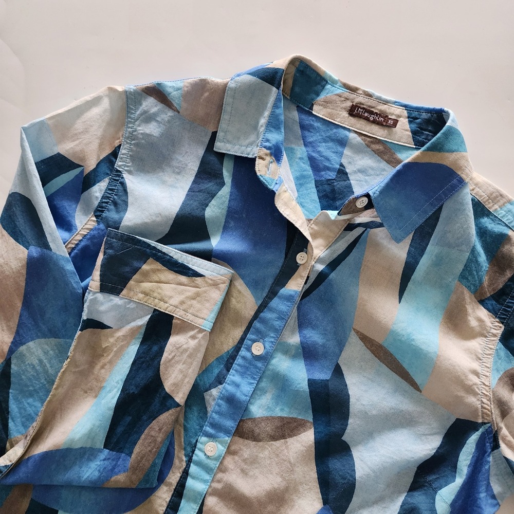 J McLaughlin blue geometric long sleeve button front shirt womens size XS
